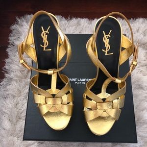 YSL rare gold leather tribute platform sandal